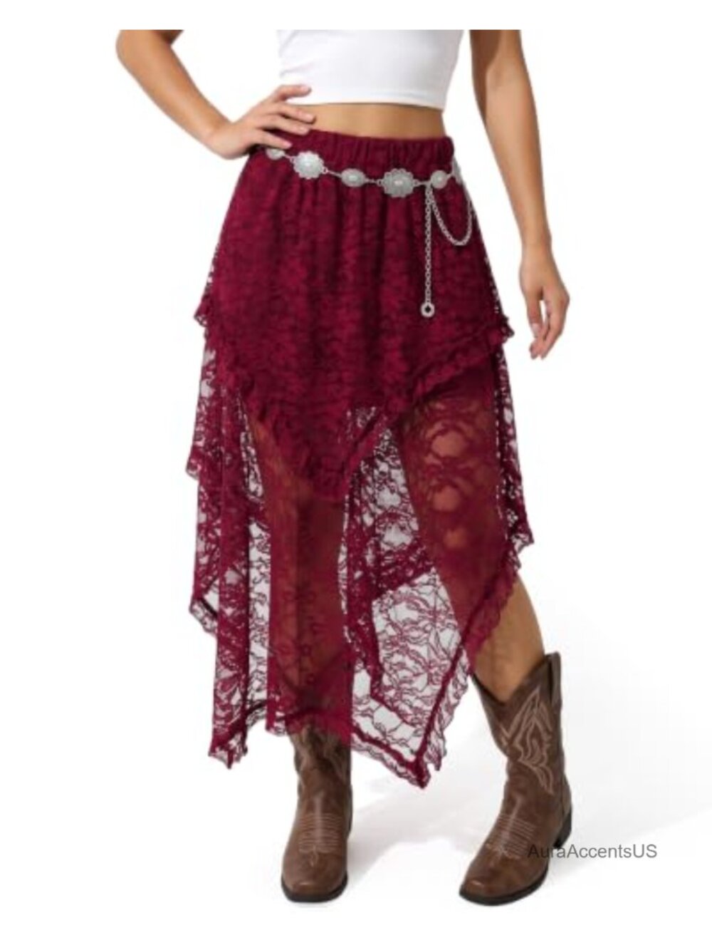 Women's Lace Maxi Skirt Flowy Boho Long Asymmetrical High Low Ruffle Elastic